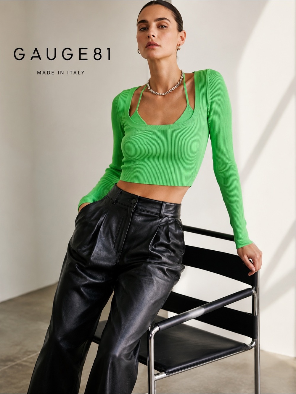 GAUGE81 Yukita Ribbed Knit Crop Top Pistachio Green Long Sleeve XS Italy